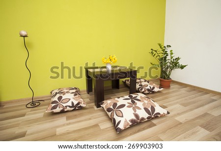 Green interior of a living room