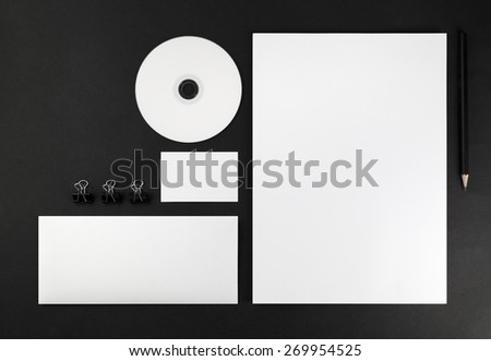Blank stationery and corporate identity template on dark background. Mock-up for graphic designers portfolios. Top view. 