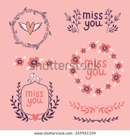 Vector illustration-set of romantic elements for wedding invitation with  flowers, birds, hearts and hand drawn lettering.