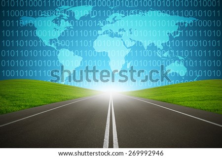 Digital highway with binary code and global map with green grass and asphalt street representing technology to focused destination for goal success. Internet networks from around the world