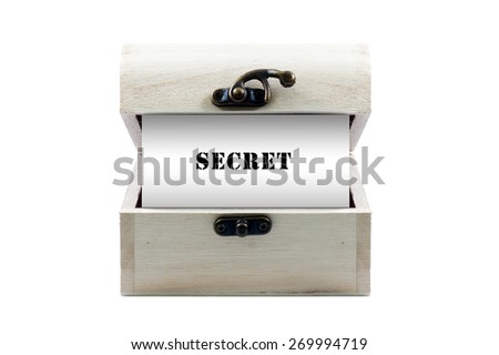 Note with word "SECRET" in wooden chest isolated on white background