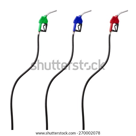 Fuel Nozzle and Hose Isolated on a White Background. Red, Green and Blue Coiled Gas Nozzle.  Royalty-Free Stock Photo #270002078