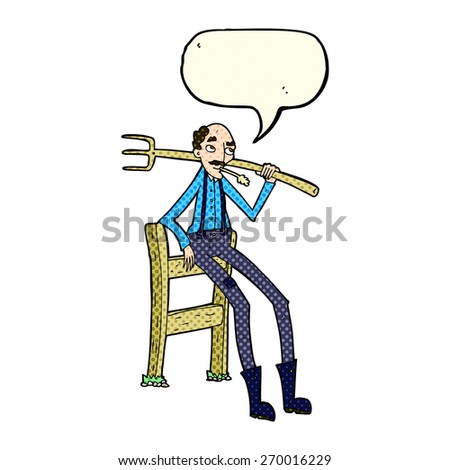 cartoon old farmer leaning on fence with speech bubble