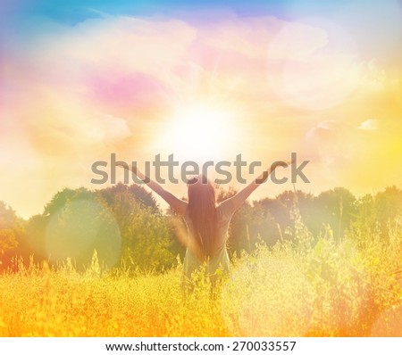 Happy woman in wreath outdoors summer enjoying life opening hands. Royalty-Free Stock Photo #270033557
