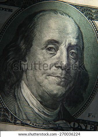 Benjamin Franklin's portrait is depicted on the $ 100 banknotes. Close up