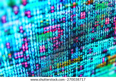 Script on computer with source code. Coding application by programmer developer. Web app coding.  Programming code abstract background screen of software. Blue color. 