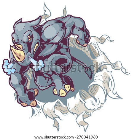 Vector Cartoon Clip Art Illustration of a Crouching Anthropomorphic Mascot Rhinoceros Ripping Through a Paper or Cloth Background.