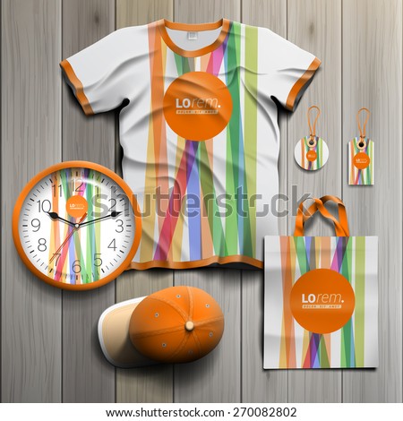 White promotional souvenirs design for corporate identity with color lines and orange shape. Stationery set