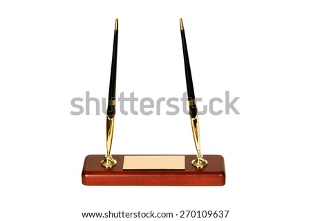 Kit for for signing contracts - Two beautiful pens on red wooden stand.