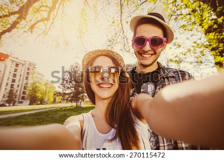 Selfie with Smartphone, Happy Young Couple