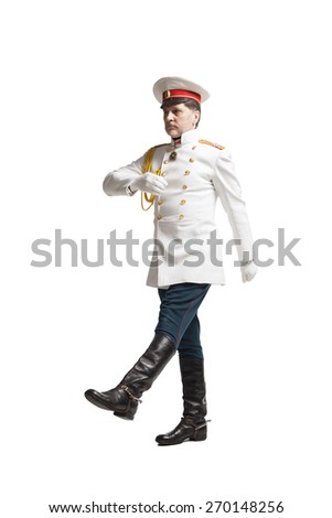 man in white guard russian officer coat marching