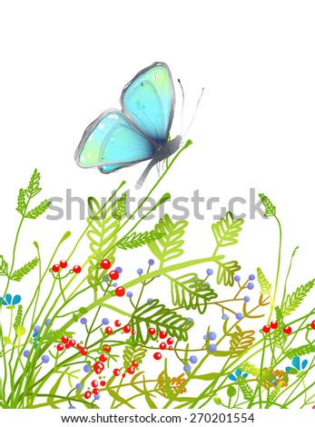 Hand Drawn Delicate Blue Butterfly Sitting on Grass. Aquamarine butterfly sitting in field on flowers illustration. Vector EPS10. 
