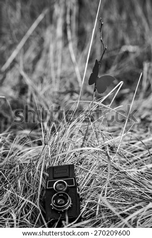 retro vintage photo camera middle format in dry grass image inside
