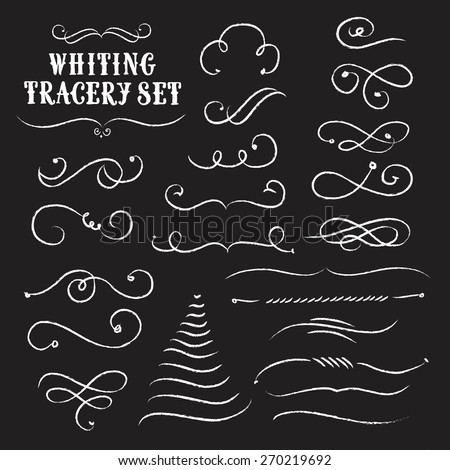 Vintage decorative curls and swirls collection on black background.Tracery chalk set. Hand drawn vector design elements