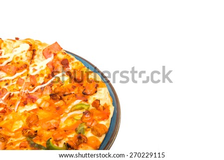 Tasty pizza with vegetables, chicken  isolated on white background