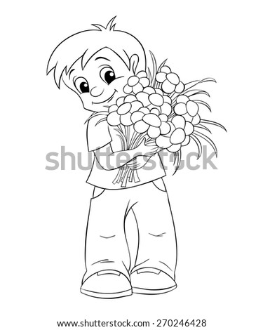 Cute little boy with bouquet. Black and white illustration for coloring book