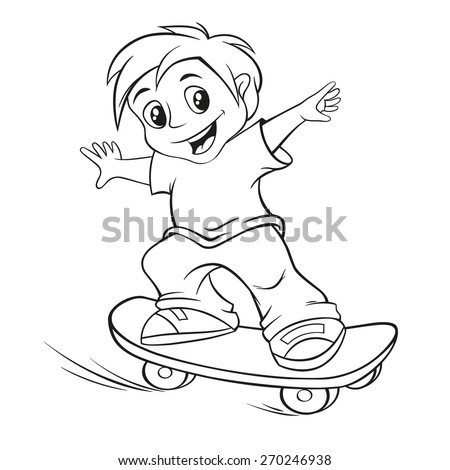 Vector illustration of skateboarding boy for coloring book