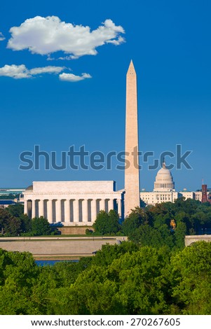 Washington DC skyline with Monument Capitol and Abraham Lincoln memorial
