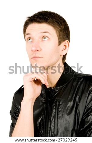 Portrait of young man thinking, isolated on white background.