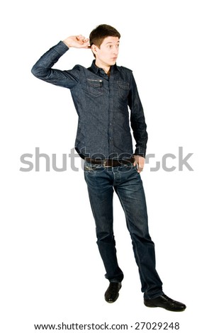 Young man thinking, isolated on white background.