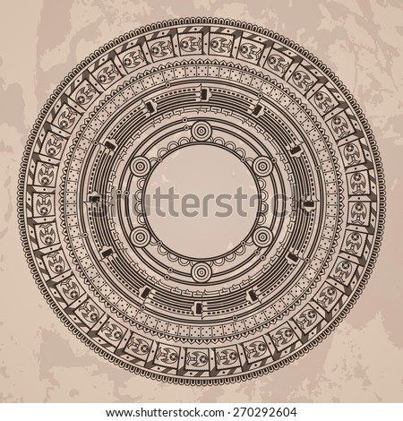 Vector circular pattern in the style of the Aztec calendar stone on a brown grunged background
