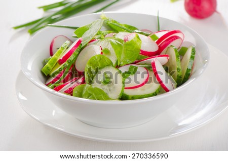 Fresh healthy salad with radish and cucumbers in a white bowl.