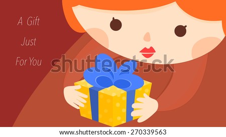Cartoon female character holding a gift illustration. Holidays and special events e-card template.A present specially just for you concept. Cute girl with fashion red lips make up.