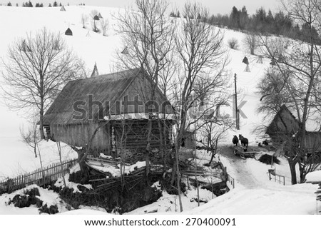farmhouse with animals near the snowy mountains