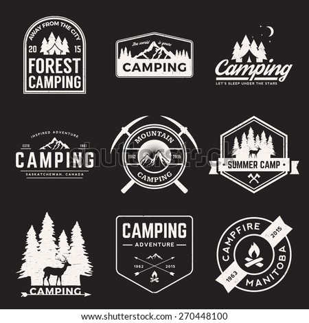 vector set of camping and outdoor adventure vintage logos, emblems, silhouettes and design elements with grunge textures