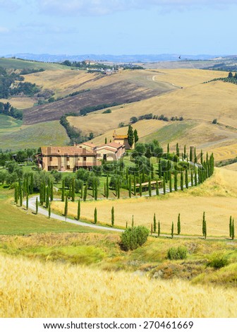 Crete senesi characteristic landscape in province of Siena (Tuscany, Italy) at summer. Royalty-Free Stock Photo #270461669