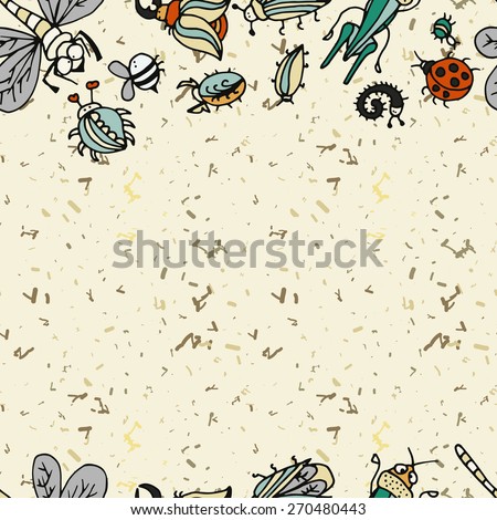 Cute cartoon insect border pattern. Summer concept. Colorful vector background with doodle beetles