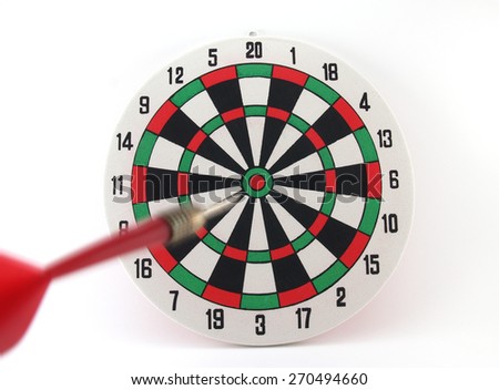 red dart arrow moving straight to goal in bullseye of colorful dartboard isolated on white background, darts motion straight into target, concept about leader close to success