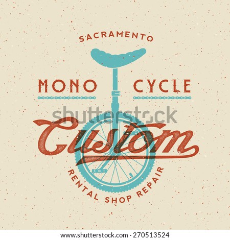 Mono-Cycle Custom Rental Shop and Repair Retro Vector Label or Logo Template with Shabby Textures