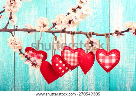 Valentine day love beautiful. Heart hanging on flowering branch of tree on wooden background.