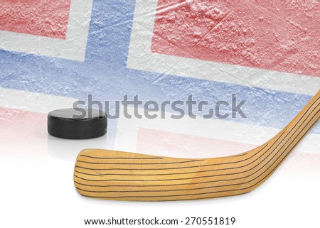 Stick, puck and hockey field with a Norwegian flag. The Concept