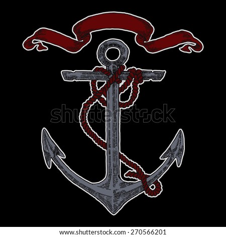Vintage anchor graphic on black background. Hand drawn vector illustration. T-shirt design