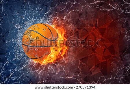 Basketball ball on fire and water with lightening around on abstract polygonal background. Horizontal layout with text space.