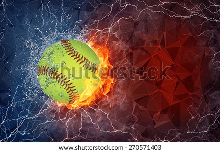Baseball ball on fire and water with lightening around on abstract polygonal background. Horizontal layout with text space.