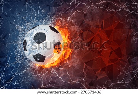Soccer ball on fire and water with lightening around on abstract polygonal background. Horizontal layout with text space.