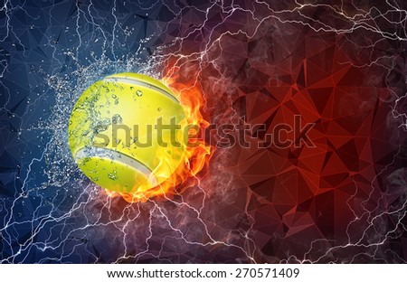 Tennis ball on fire and water with lightening around on abstract polygonal background. Horizontal layout with text space.