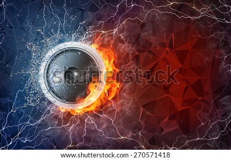 Speaker on fire and water with lightening around on abstract polygonal background. Horizontal layout with text space.