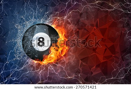 Billiard ball on fire and water with lightening around on abstract polygonal background. Horizontal layout with text space.