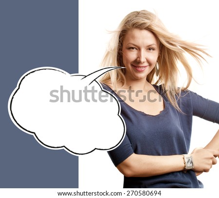 Woman in blue looking on camera with speech bubble