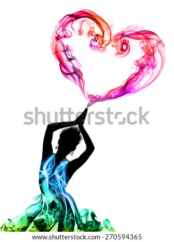 Silhouette of a girl holding a smoky heart.