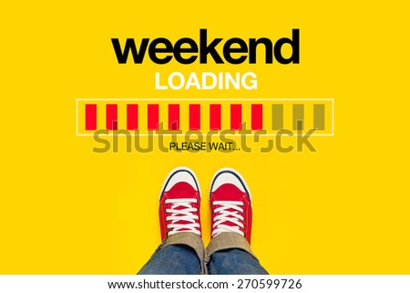 Weekend Loading Content with Young Person Wearing Red Sneakers from Above Standing in front of Loading Progress Bar, waiting for the End of the Week, Top View Royalty-Free Stock Photo #270599726