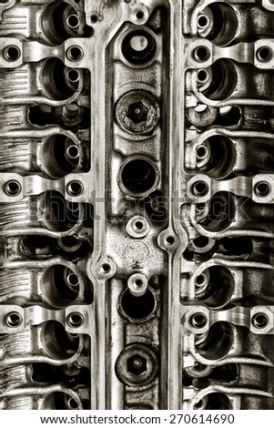Cylinder head. Parts in engine, close-up