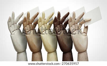 Wood hands of different colors holding business cards