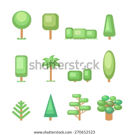 Tree icon set - Various  trees  and plants Nature collection. Set of elements for construction of urban and village landscapes. Vector flat illustration