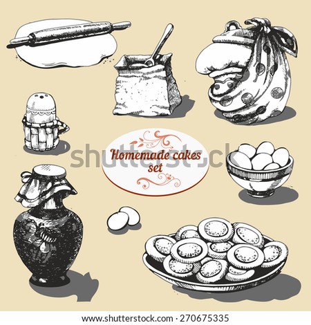 Homemade cakes preparation objects, hand drawn illustration