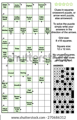 Clues-in-squares crossword puzzle, or arrow word puzzle, else arrowword. Real size, answer included.
